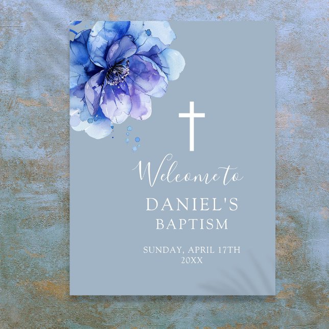 Póster Letrero de bienvenida para bautizo floral en acuar (Blue Modern Watercolor Floral Baptism Welcome Sign)