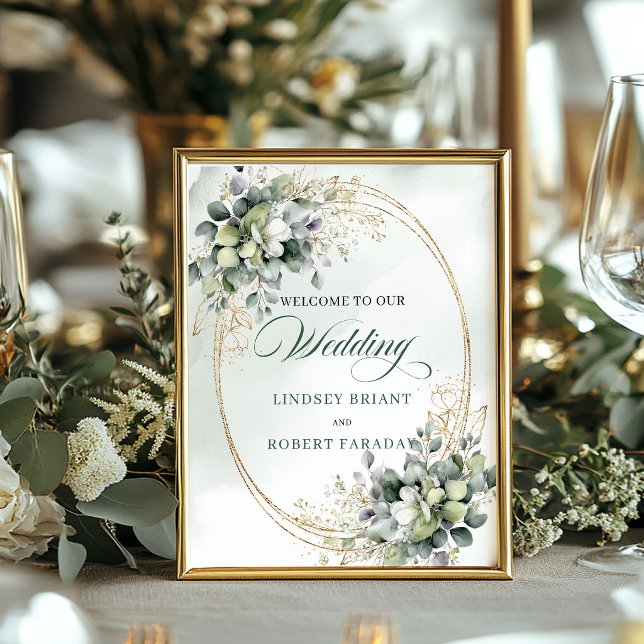 Póster Letrero de bienvenida para boda boho en mesa dusty (Boho Wedding Tabletop Welcome Sign Dusty Green Eucalyptus)