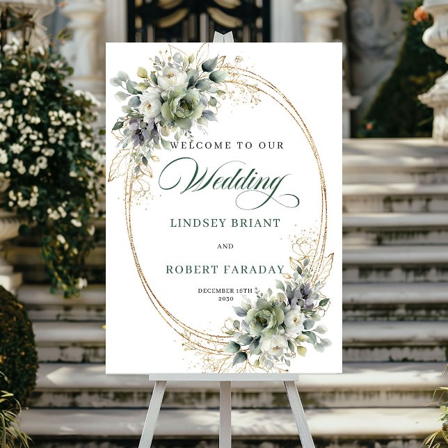 Póster Letrero de bienvenida para boda botánico de rosas  (Chic White Roses Botanical Wedding Welcome Sign)