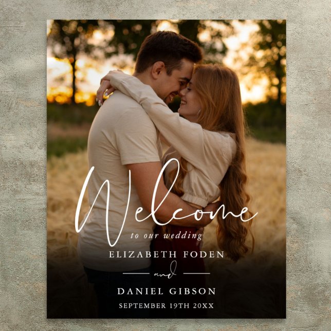 Póster Letrero de Bienvenida para Boda con Foto en Letra  (Elegant Script Photo Wedding Welcome Sign)