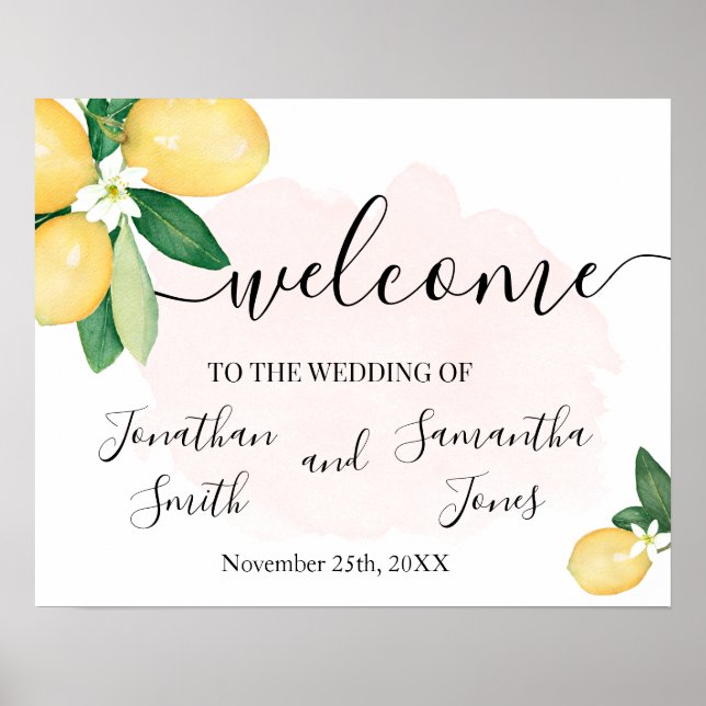 Póster Letrero de Bienvenida para Boda de Limones Rosa (Frente)