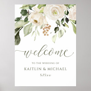 Póster Letrero de Bienvenida para Boda Elegante con Flore