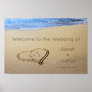 Póster Letrero de Bienvenida para Boda en la Playa Corazó