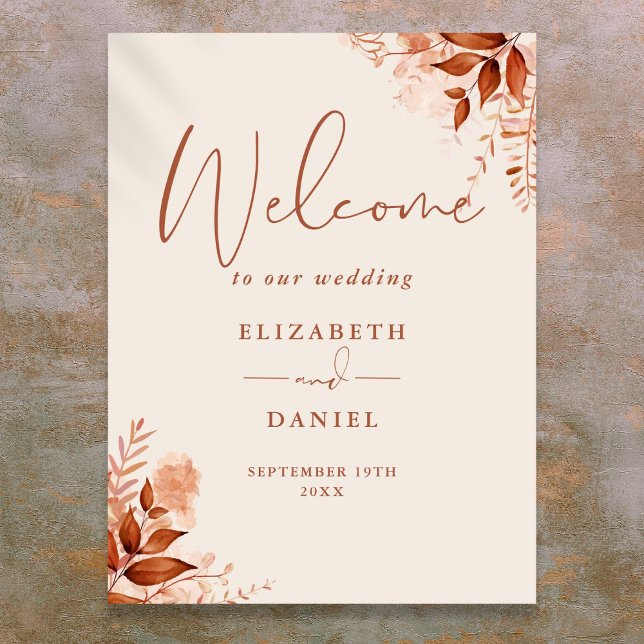 Póster Letrero de bienvenida para boda floral rústico de  (Autumn Fall Rustic Floral Wedding Welcome Sign)