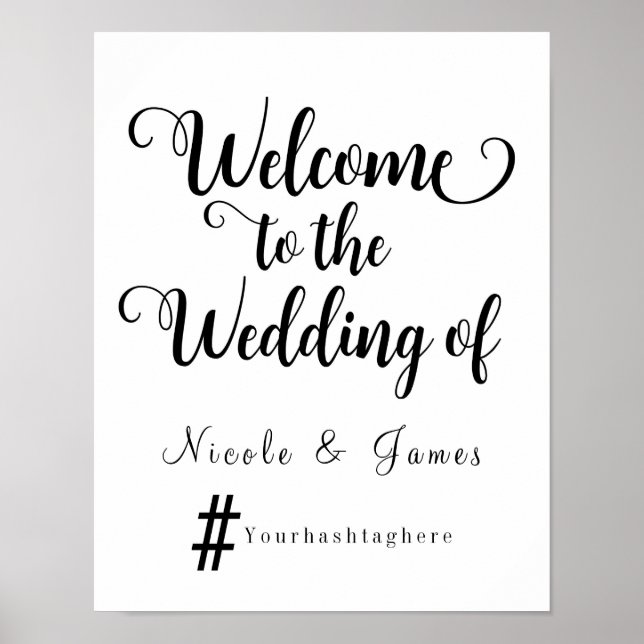 Póster Letrero de bienvenida para boda moderna con hashta (Frente)
