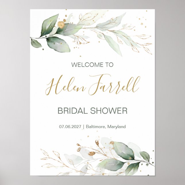 Póster Letrero de bienvenida para Bridal Shower con folla (Frente)