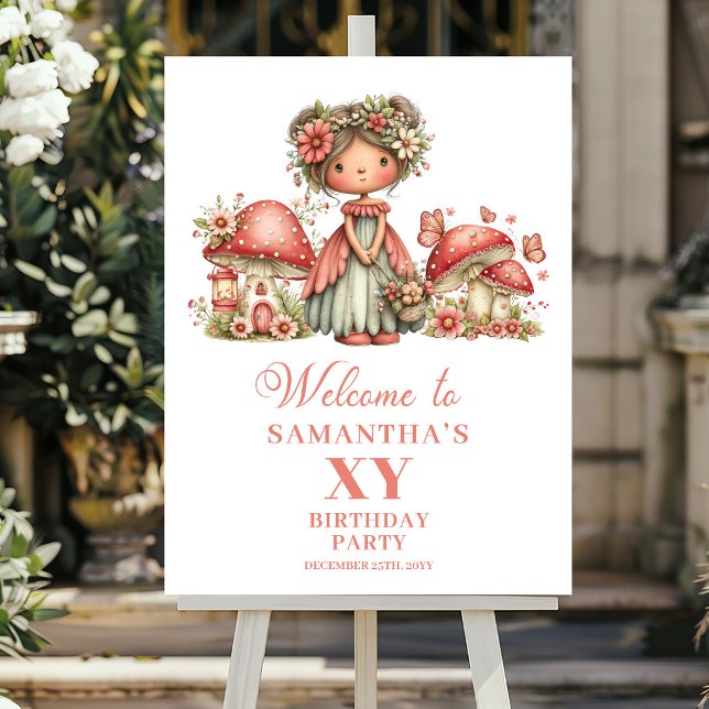 Póster Letrero de bienvenida para cumpleaños de Hada Rosa (Whimsical Blush Fairy 2nd Birthday Welcome Sign)