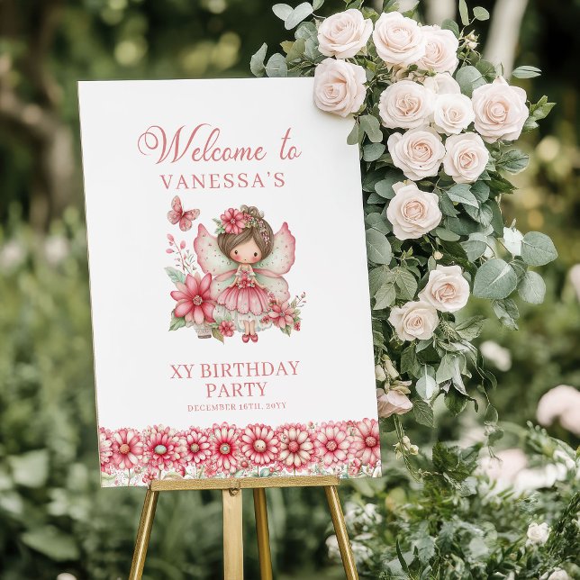 Póster Letrero de Bienvenida para Cumpleaños número 1 de  (Pastel Pink Cute Fairy 1st Birthday Welcome Sign)