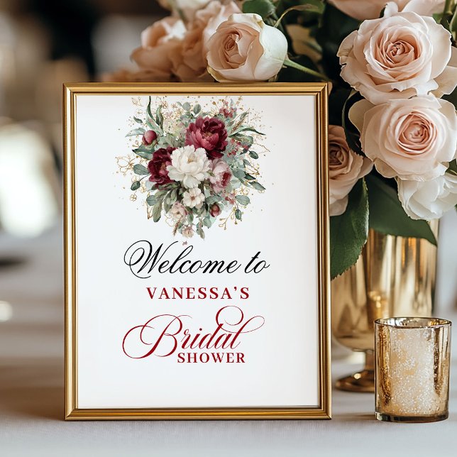Póster Letrero de Bienvenida para Despedida de Soltera Bo (Boho Blush Burgundy Bridal Shower Welcome Sign)
