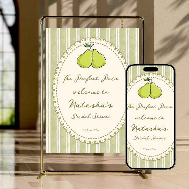Póster Letrero de bienvenida para despedida de soltera co (Perfect pair pear bridal shower  personalized welcome sign poster template instant download)