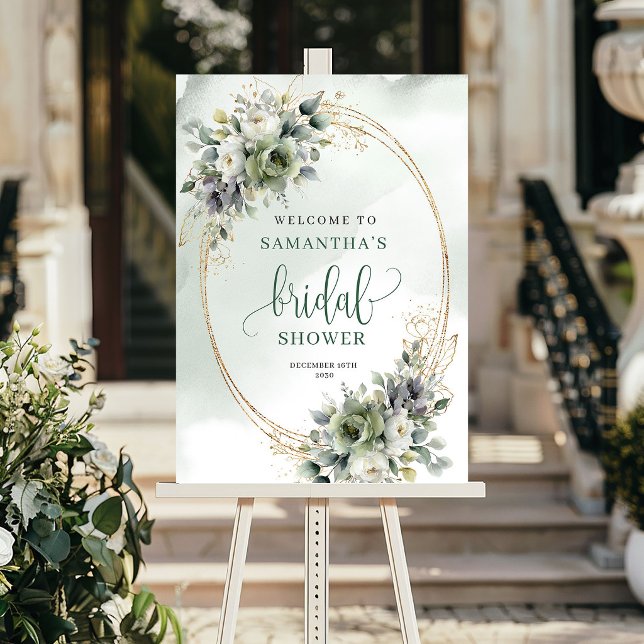 Póster Letrero de Bienvenida para Despedida de Soltera co (Dusty Green Foliage Bridal Shower Welcome Sign)