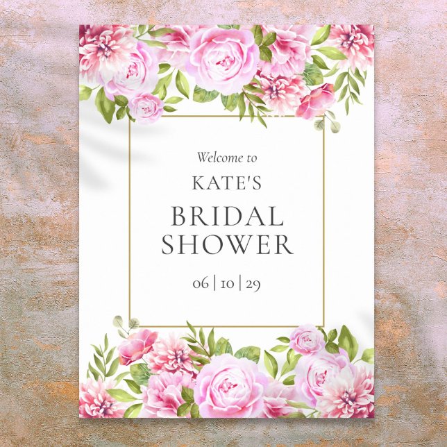Póster Letrero de Bienvenida para Despedida de Soltera co (Pink Roses Floral Bridal Shower Welcome Sign)
