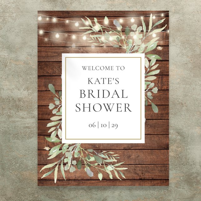 Póster Letrero de Bienvenida para Despedida de Soltera co (Rustic Lights Greenery Bridal Shower Welcome Sign)