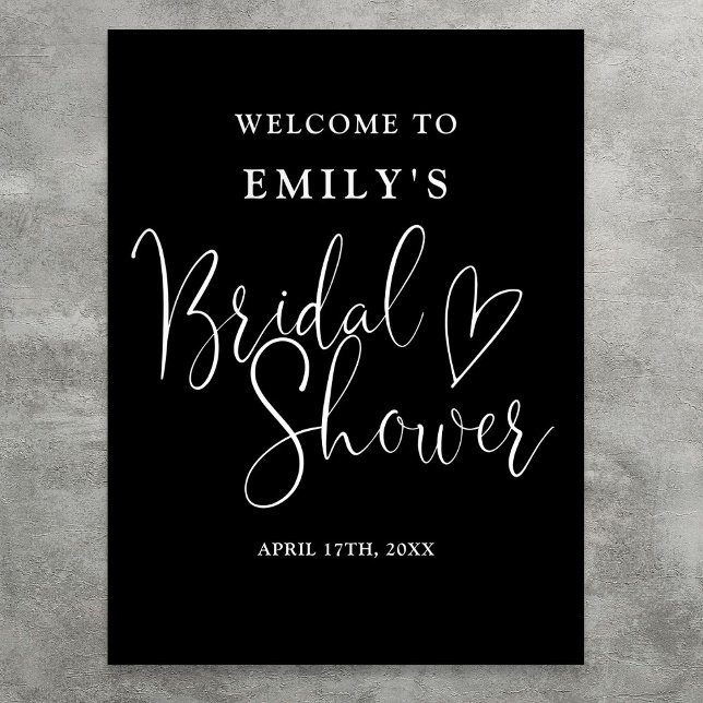 Póster Letrero de bienvenida para ducha de novia con guio (Black And White Script Bridal Shower Welcome Sign)