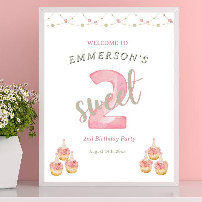 Póster Letrero de bienvenida para el segundo cumpleaños d (Two Sweet Cupcake 2nd Birthday Welcome Sign
)