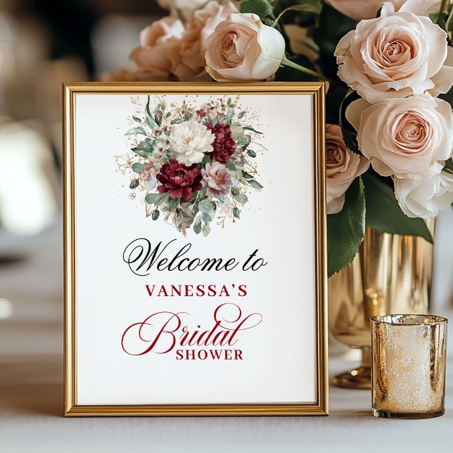 Póster Letrero de bienvenida para fiesta de boda de lujo  (Premium Blush Burgundy Bridal Shower Welcome Poster)