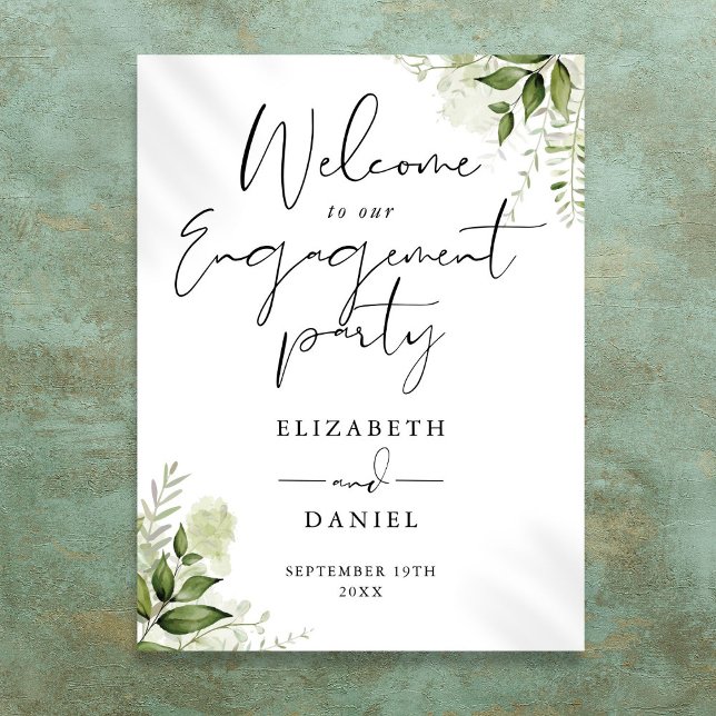 Póster Letrero de bienvenida para fiesta de compromiso co (Floral Greenery Engagement Party Welcome Sign)