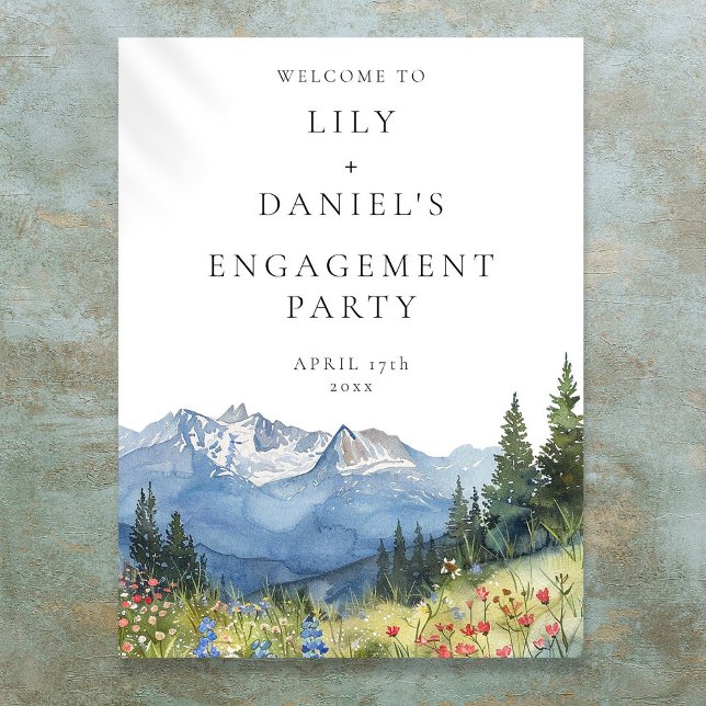 Póster Letrero de bienvenida para fiesta de compromiso de (Watercolor Mountain Engagement Party Welcome Sign)