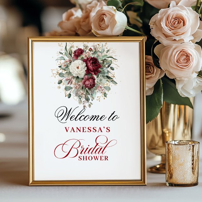 Póster Letrero de Bienvenida para Fiesta de Despedida de  (Rustic Blush Burgundy Bridal Shower Welcome Sign)