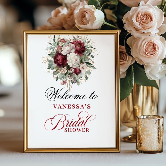 Póster Letrero de Bienvenida para Fiesta de Despedida de  (Graceful Blush Burgundy Bridal Shower Welcome Poster)