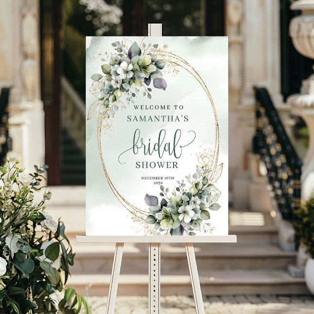 Póster Letrero de Bienvenida para Fiesta de Despedida de  (Dusty Green Greenery Bridal Shower Welcome Sign)
