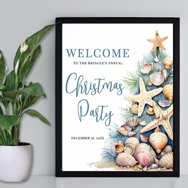 Póster Letrero de bienvenida para fiesta de Navidad en la (Elegant Beach Christmas Party Welcome Sign )