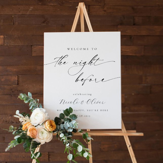 Póster Letrero de bienvenida para la cena de ensayo de la (Black and White Welcome to Rehearsal Dinner Sign Sophisticated Script)