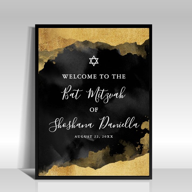 Póster Letrero de bienvenida para Mitzvah de Oro Negro (Black Gold Mitzvah Welcome Sign)