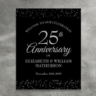 Póster Letrero de bienvenida plateado y negro del 25º ani