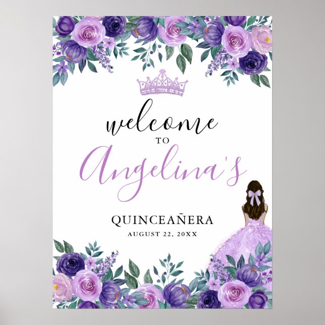 Póster Letrero de Bienvenida Quinceañera con Flores Morad (Frente)