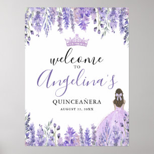 Póster Letrero de Bienvenida Quinceañera con Flores Morad