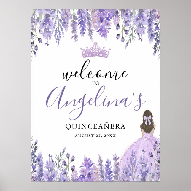 Póster Letrero de Bienvenida Quinceañera con Flores Morad (Frente)