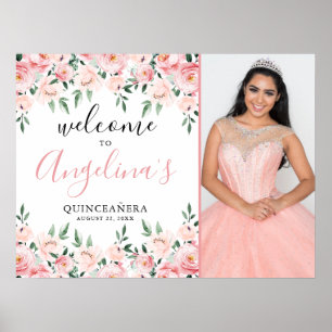 Póster Letrero de Bienvenida Quinceañera con Foto Floral 