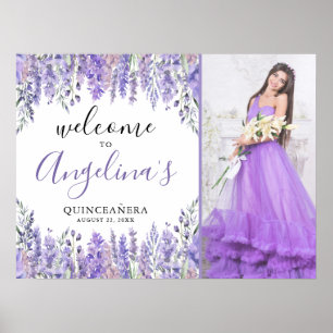 Póster Letrero de Bienvenida Quinceañera Floral Foto Púrp