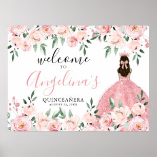 Póster Letrero de Bienvenida Quinceañera Floral Rosa Sonr