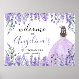 Póster Letrero de Bienvenida Quinceañera Morado Floral