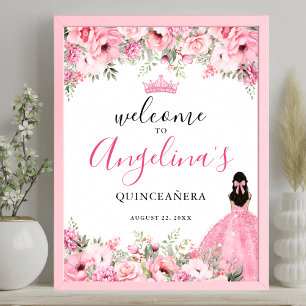 Póster Letrero de Bienvenida Quinceañera Rosa