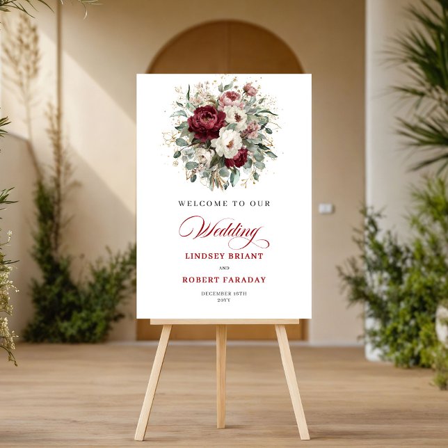 Póster Letrero de Bienvenida Refined Maroon Floral Eucali (Refined Maroon Floral Eucalyptus Gold Welcome Sign)