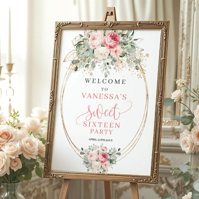 Póster Letrero de bienvenida romántico polvoriento rosa f (Romantic Dusty Pink Floral Sweet 16 Welcome)