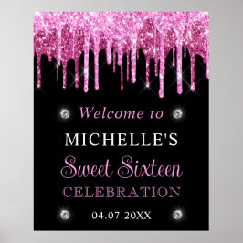 Póster Letrero de bienvenida Sweet 16 con brillo rosa y n