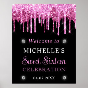 Póster Letrero de bienvenida Sweet 16 con brillo rosa y n