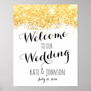 Póster Letrero de boda, bienvenida, cartel, brillo dorado