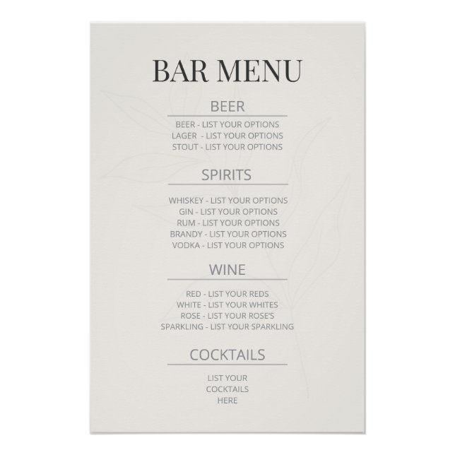 Póster Letrero de Boda Botánico 'Menú del Bar' | Marfil C (Anverso)