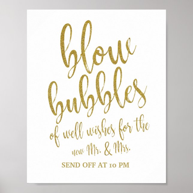 Póster Letrero de Boda Burbujas Envían Brillo Dorado 8x10 (Frente)