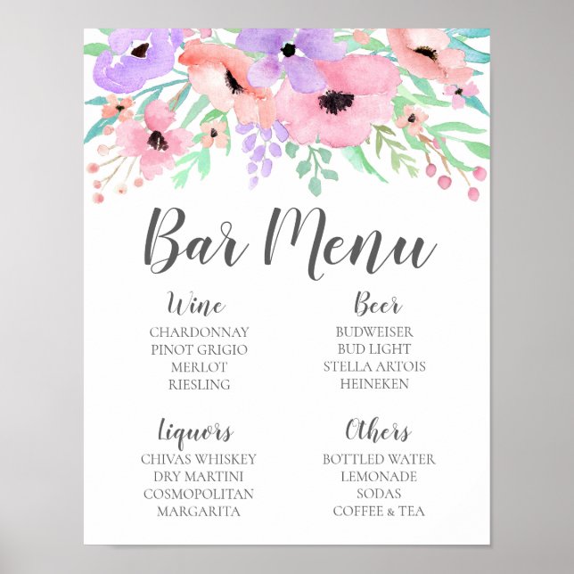 Póster Letrero de Boda – Carta de Bar Letrero Floral Acua (Frente)