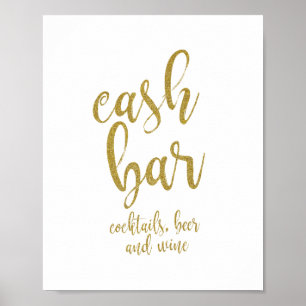 Póster Letrero de Boda Cash Bar Gold Glitter 8x10
