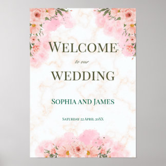 Póster Letrero de Boda con Flores Rosadas Románticas