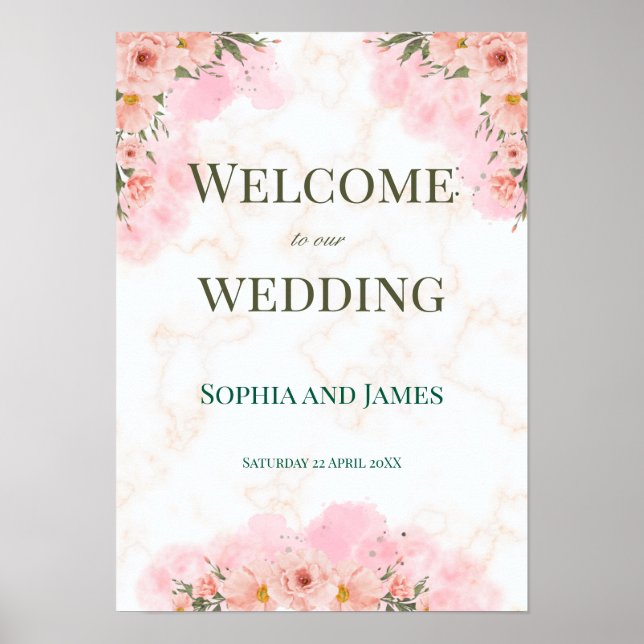 Póster Letrero de Boda con Flores Rosadas Románticas (Frente)