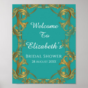 Póster Letrero de Boda con Flores Turquesa y Dorado