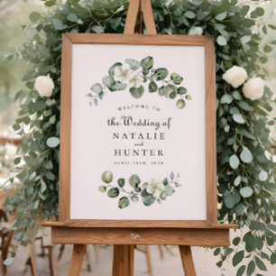 Póster Letrero de boda de arco de follaje de hoja de euca